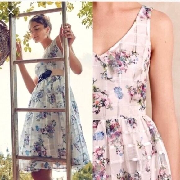 Maeve Anthropologie Dress Women 2‎ White Floral Peony Garden Mini Cottagecore - Picture 2 of 14